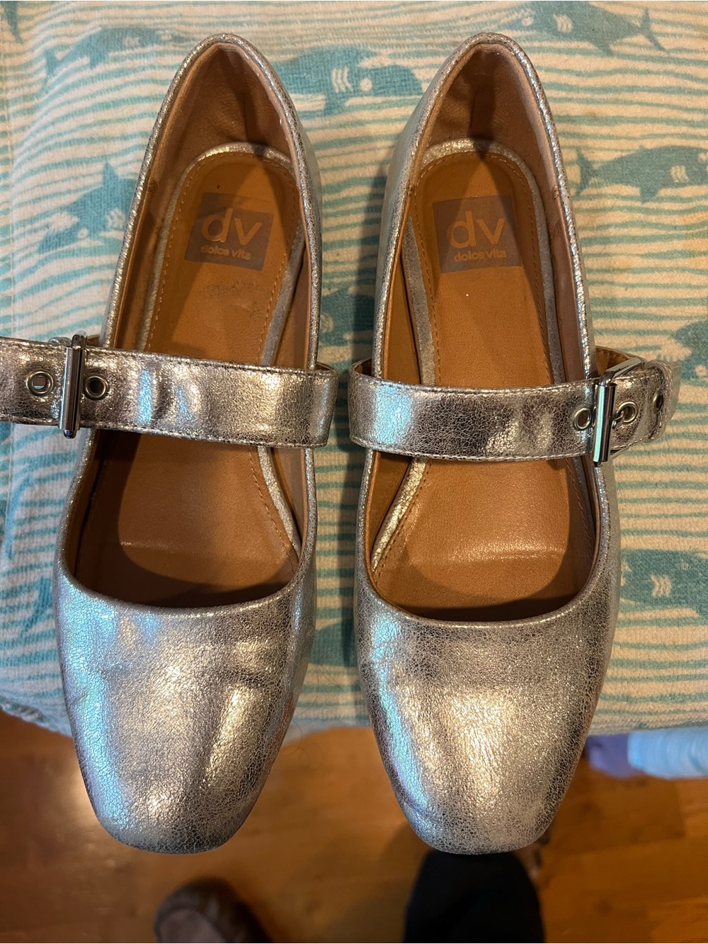 Dolce Vita Silver Metallic Mary Jane Flats with Buckle Strap